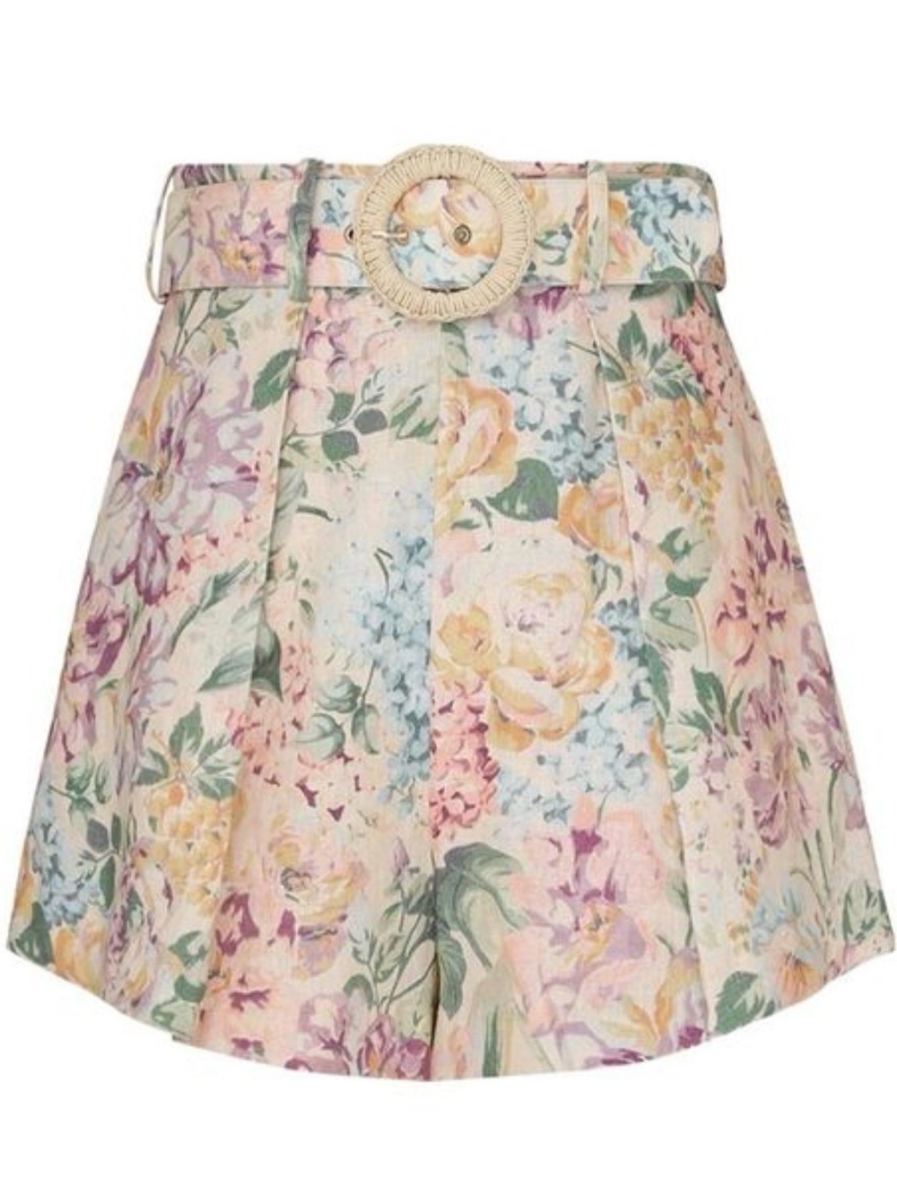 Zimmermann Pastel Floral Pleated Skort with Woven Round-Buckle Belt